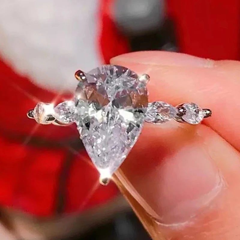 CAOSHI Wholesale Diamond Jewelry 3 Prong Water Drop Cubic Zirconia Women's Bridal Wedding Silver Color Trendy Rings for Girls