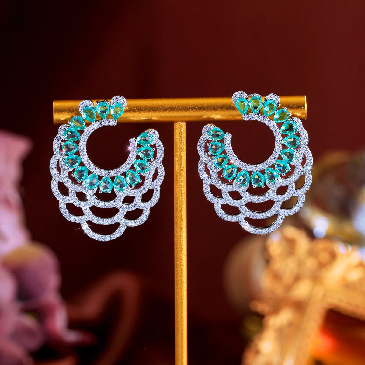 Symmetric Hollow Out Light Blue Cubic Zirconia Big Flower Wedding Drop Earrings for Women Elegant Evening Engagement Accessories