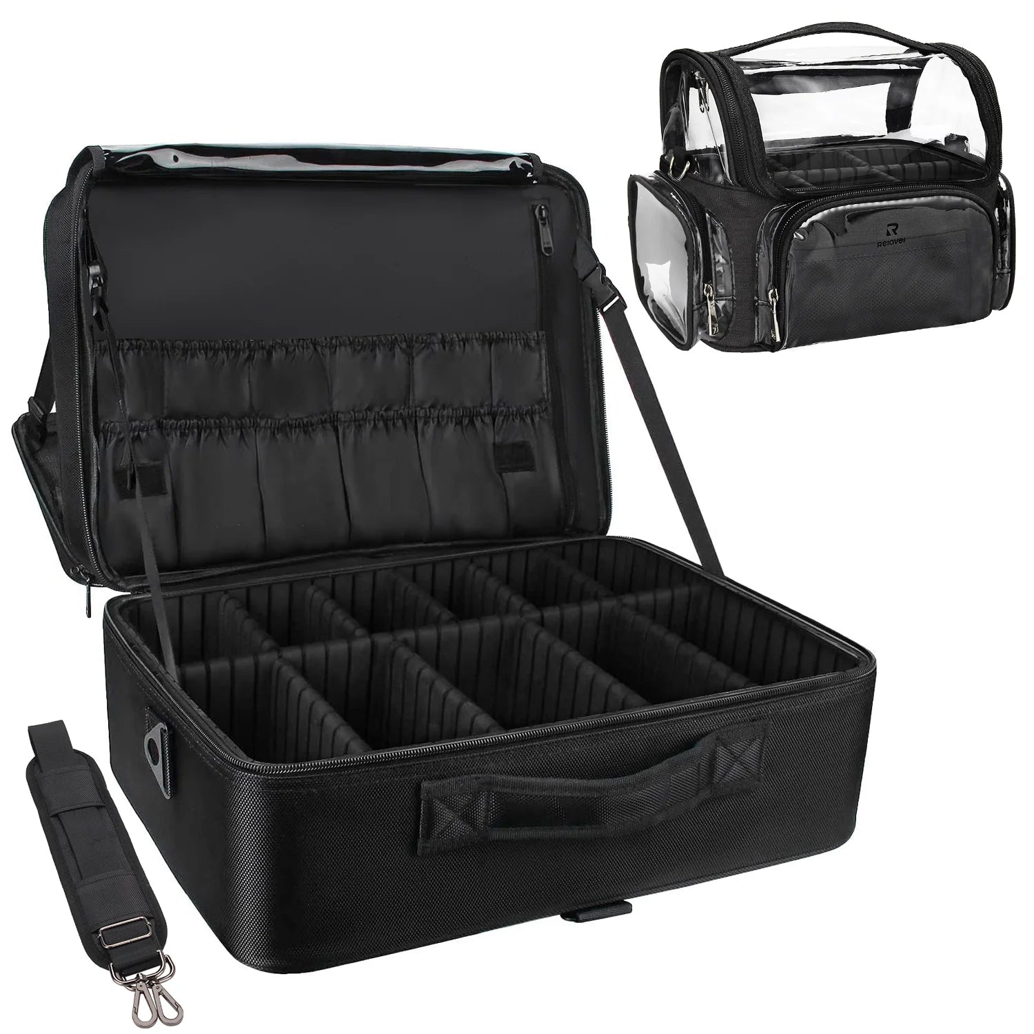 Relavel Black Cosmetic Case Extra Large Capacity Waterproof Portable Artist Storage Bag and Makeup Brush Holder