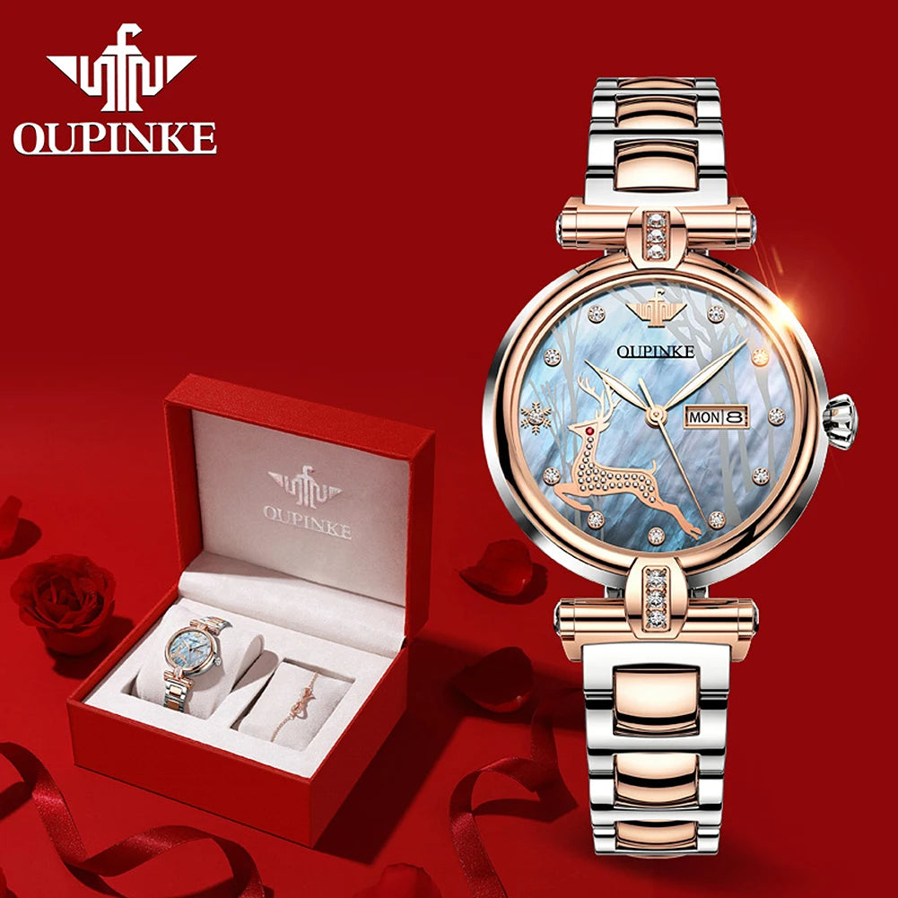Oupinke 3180 OEM Luxury Lady Automatic Stainless Steel Waterproof Auto Date Watches Mechanical Women Wristwatches