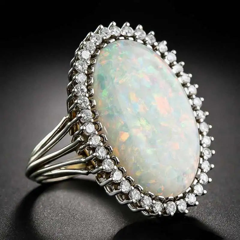 CAOSHI Customable Rings for Women Egg-Shaped Opal & CZ Silver Plated Party Lady Ring Fashion Jewelry Opal Flower Ring Women
