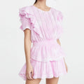 Factory Wholesale Custom Women Summer Round Neck Lace Sleeves Waist Ladies Mini Pleated Skirt Pink Sweet Style Short Dress