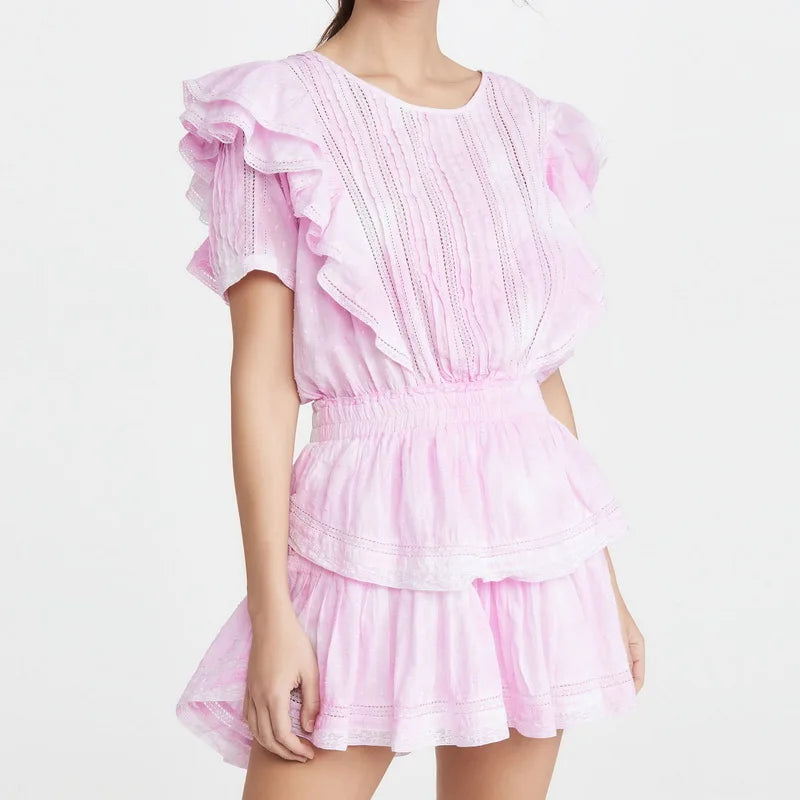 Factory Wholesale Custom Women Summer Round Neck Lace Sleeves Waist Ladies Mini Pleated Skirt Pink Sweet Style Short Dress