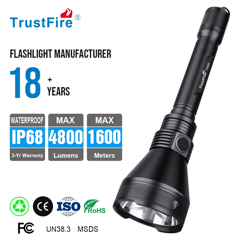 TrustFire T90R 1.6km Long Range Hand Torch Light Strong Aluminum Torch Light High Power 4800 Lumen Light Flashlight for Hunting
