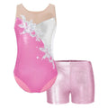 Girls Sleeveless Patchwork Glittering Faux Diamonds Adorned Leotard Metallic Elastic Waistband Shorts Set for Gymnastic Skating