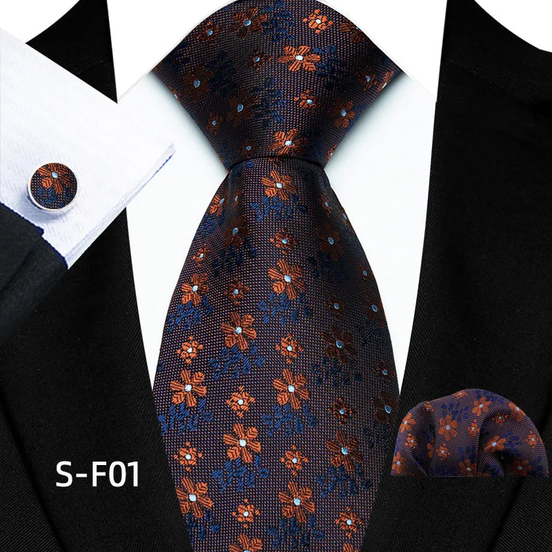 2023 Brown Floral Necktie Set for Men Including Pocket Square and Cufflink Handmade Polyester Tie by Tie Manufacturer MegaBDM