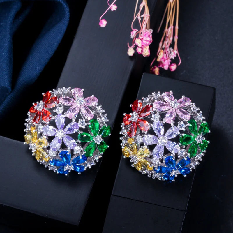 Silver Plated CZ Zirconia Multi Color Cluster Flowers Stud Earrings for Women Party Disco Hollow Round Half Ball Shaped Earring