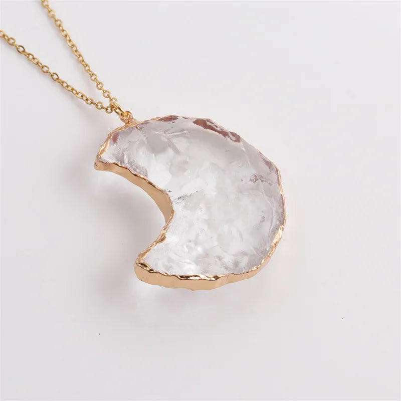 RisingMoon Coller Custom Fashion Women Jewelry Natural Stone 18k Gold Moon Heart Crystal Pendant Necklace