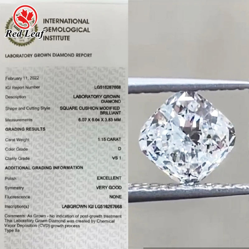 Redleaf 1.02CT--1.93CT Etc Cushion Cut Loose Lab Diamond IGI  Certificate Diamonds DEF VVS VS HPHT CVD Lab Grown Diamond