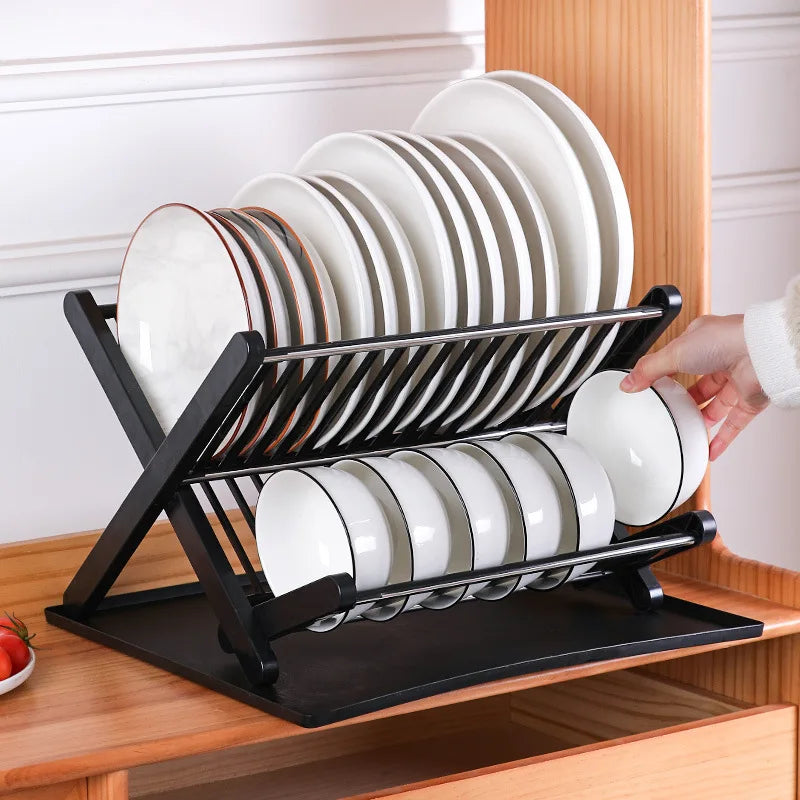 Foldable Dish Drying Rack with Drip Tray Stainless Steel 2 Tier Dish Drainer Rack Collapsible Dish Drainer for Kitchen Sink