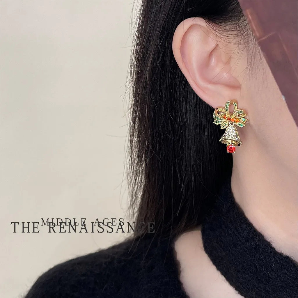 Vintage Christmas Bells Earrings for Women Cute Butterfly Style Princess Cut Zircon Diamond-Embellished Brass Stud Crystal for