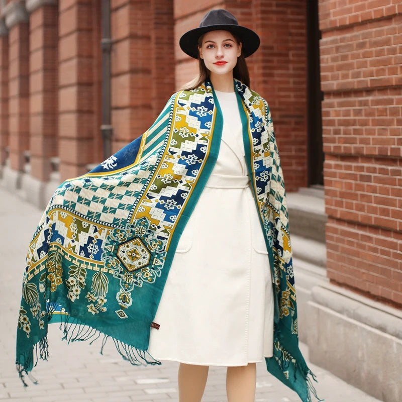Green Luxury Geometric Design Merino Wool Fleece Oversized Winter Scarf Shawl for Women with Floral Digital Print Soft Warm