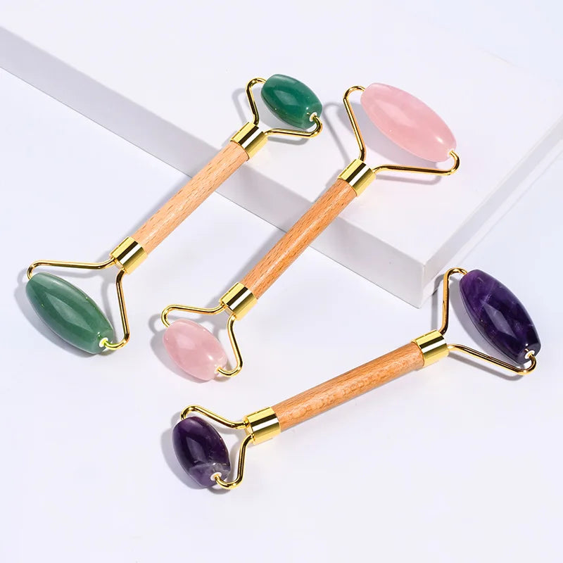 DIY Hot Sales Skin Care Tools Custom 100% Natural Crystal Facial Face Rose Quartz Roller Gua Sha Wooden Handle Jade Roller
