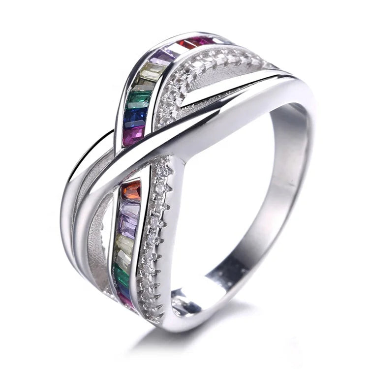 Rainbow Rings for Women Eternity 925 Sterling Silver Ring Finger Stone Wedding Jewelry Colorful Cubic Zircon