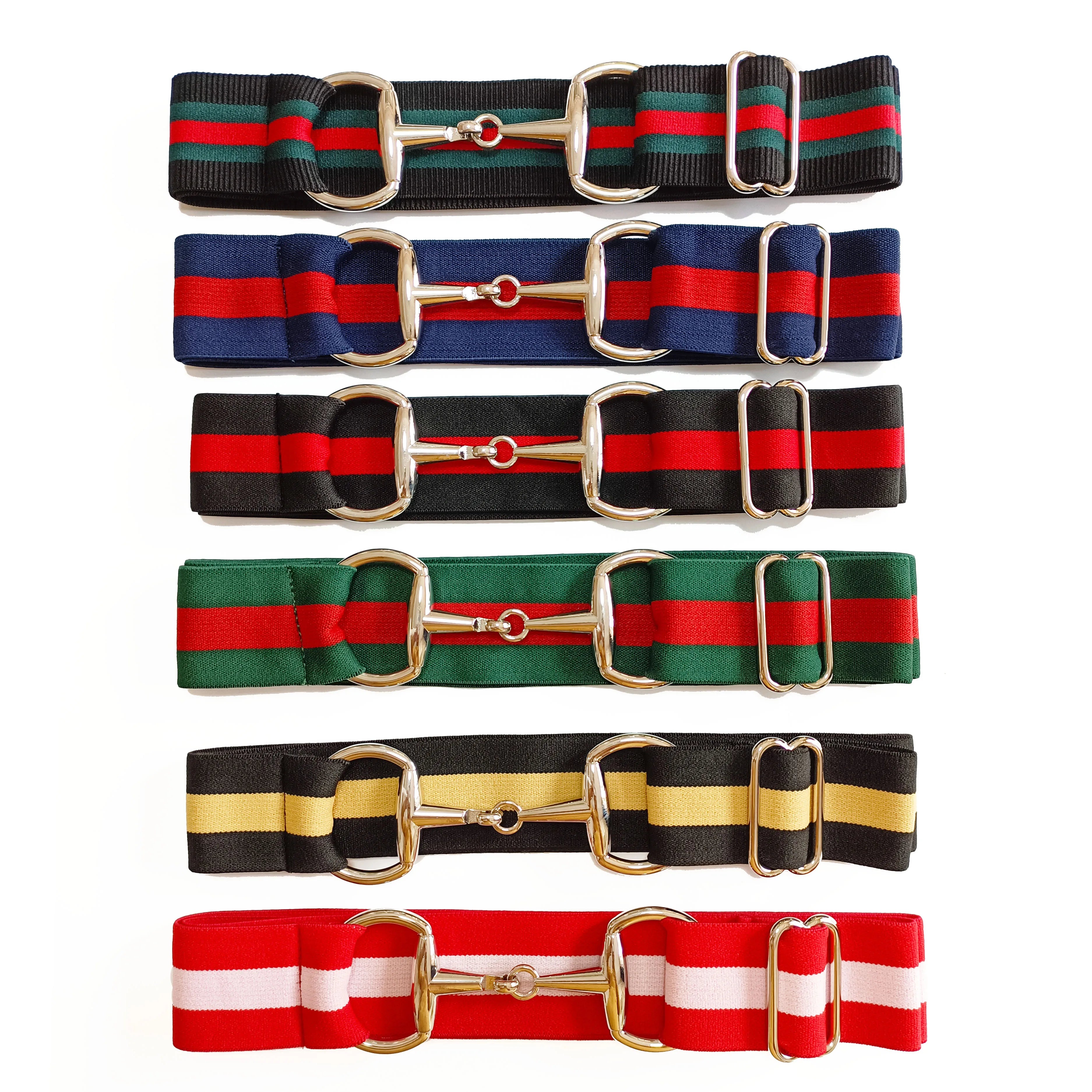 Stripe Color - FREE ENGRAVE LOGO READY to SHIP 1.5 Inch 4 cm Snaffle Bit Buckle Elastic Equestrian Belt