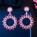 Fashionable Geometric Big Round Cubic Zirconia Stone Red Dropping Long Earrings for Women Luxury Wedding Prom Jewelry Gift