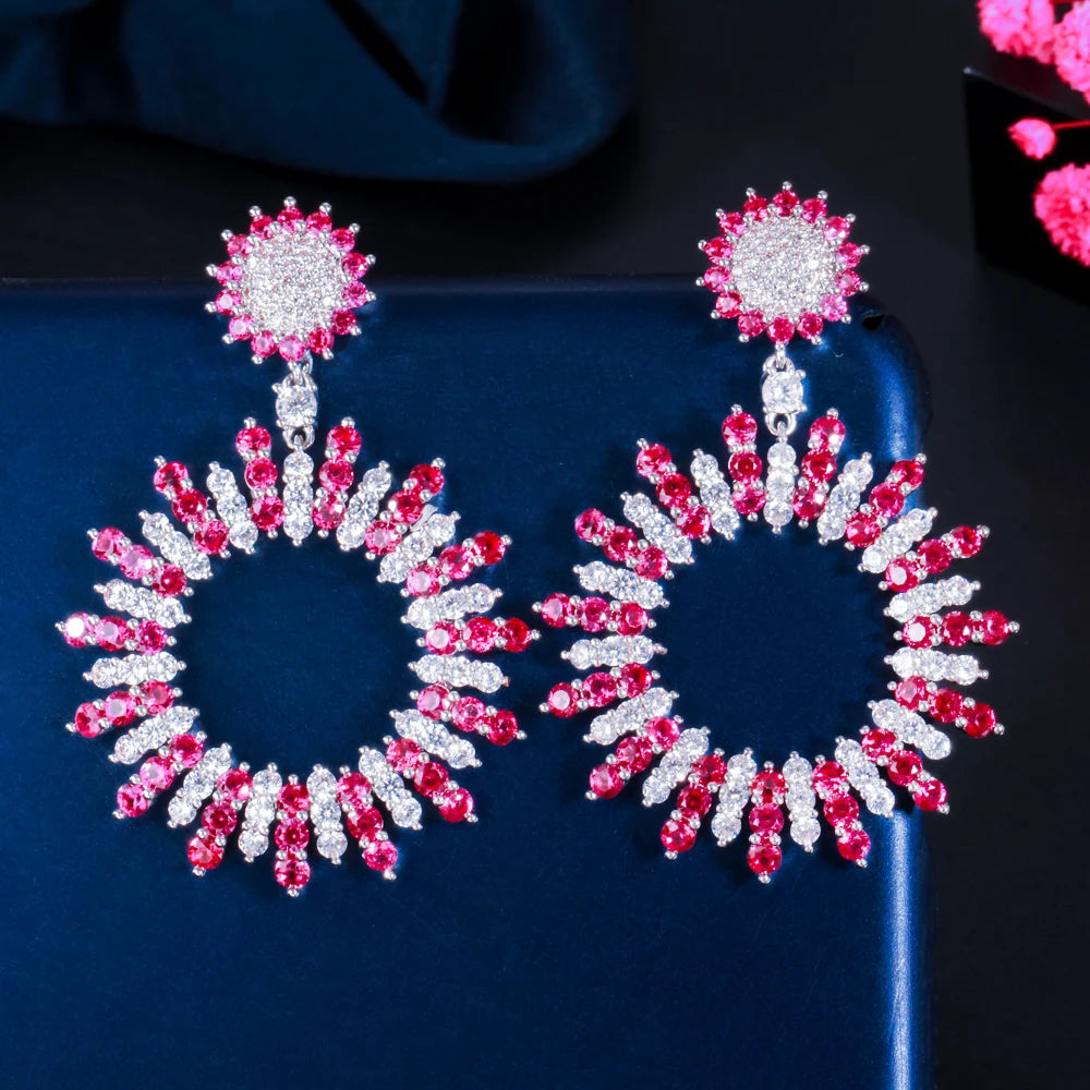 Fashionable Geometric Big Round Cubic Zirconia Stone Red Dropping Long Earrings for Women Luxury Wedding Prom Jewelry Gift