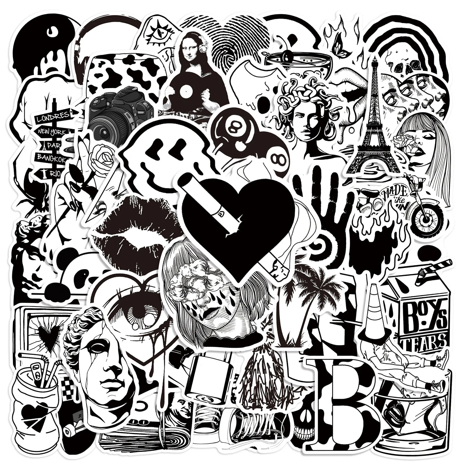 Newly 50pcs Cool Black and White Gothic Trendy Art Graffiti Random Sticker