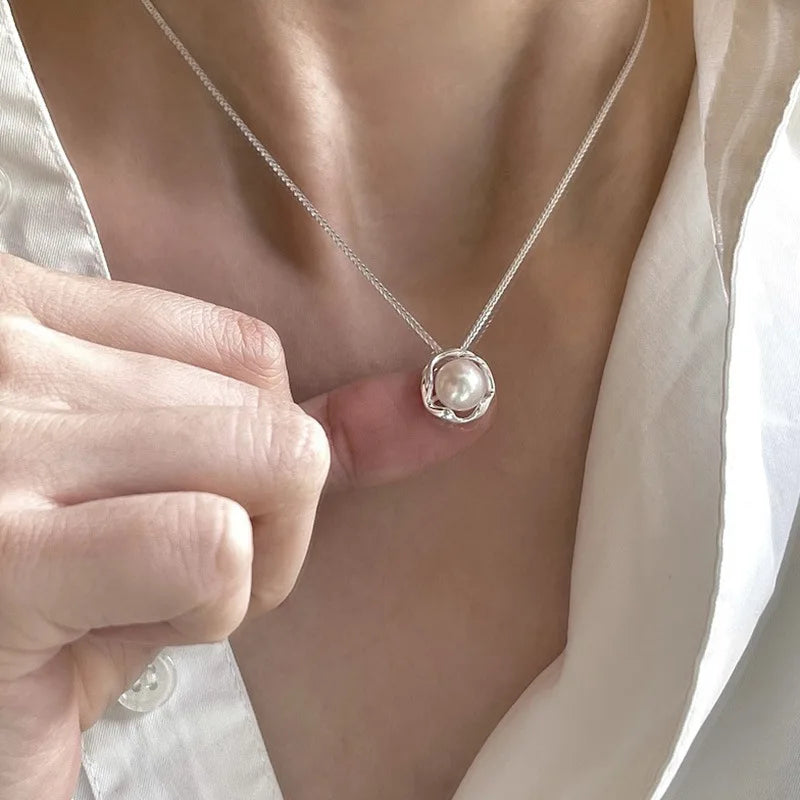 Elegant 925 Sterling Silver Round Pearl Pendant Necklace Choker Chain Pendant Necklace Womens Ladies Jewellery