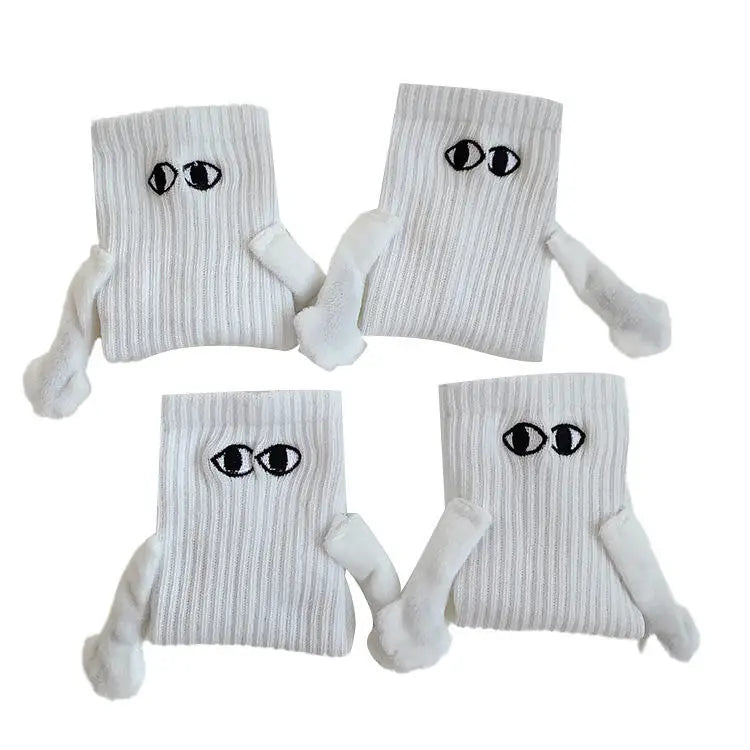 Funny Black White Solid Color Ribbed Eye Embroidery Magnetic Couple Hold Hands Socks