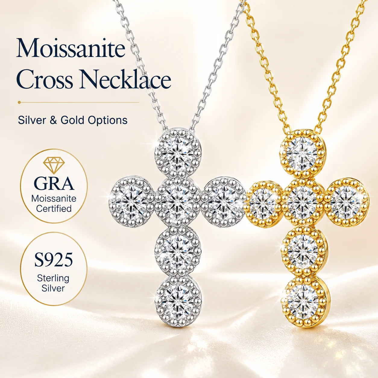 Classic 925 Sterling Silver Religious Cross 3mm VVS Moissanite 18k Gold-plated Pendant Necklace for Women Jewelry