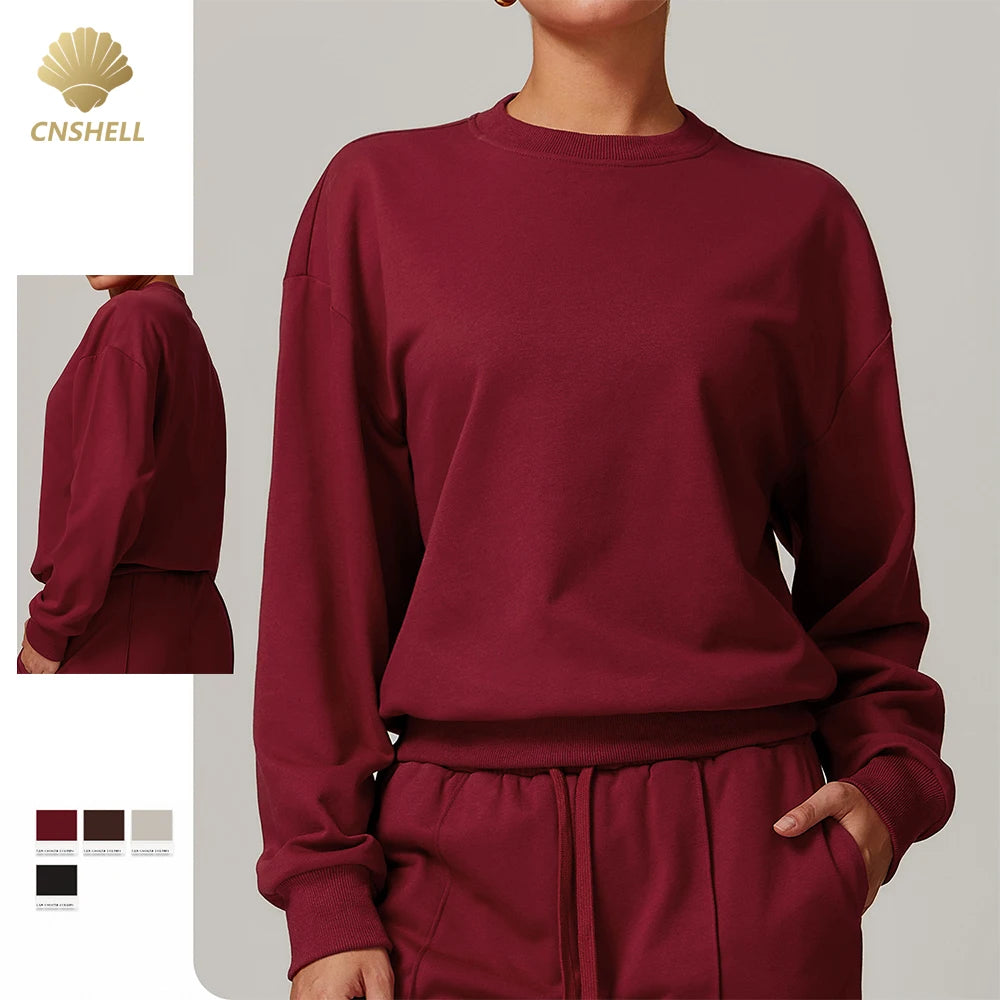 CNSHELL Custom Logo Cotton Terry Basic Drop Shoulder Long Sleeves Yoga Workout Gym Fitness Sports Sweatshirt