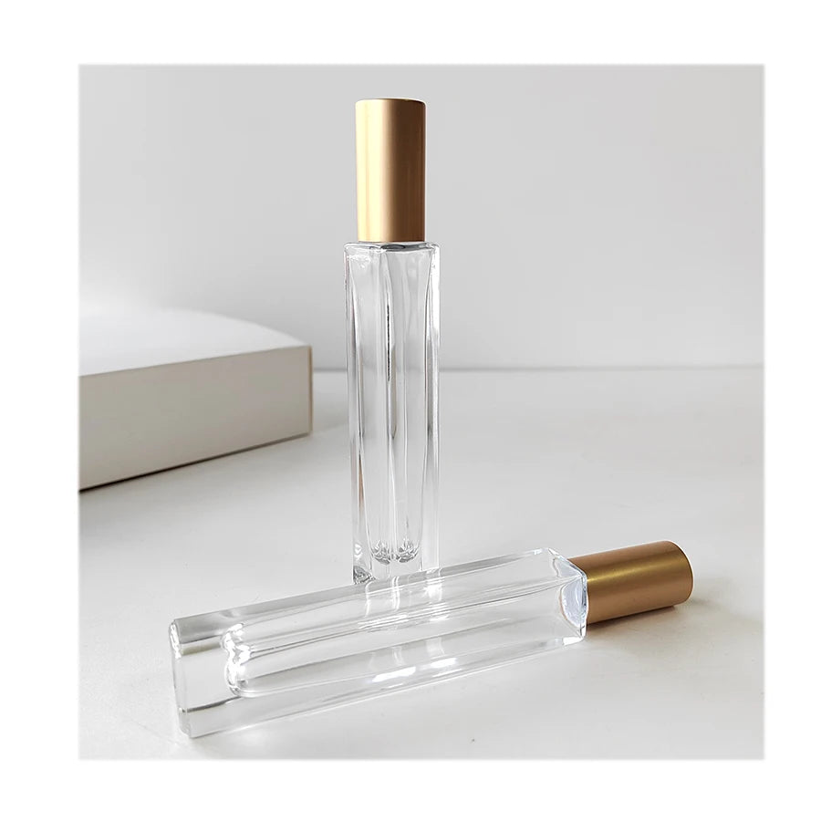 Long square Shape Thick Glass Perfume Bottle 10ml clear Glass Roll on Bottle with Special Matte Gold Cap Cosmetic Packaging