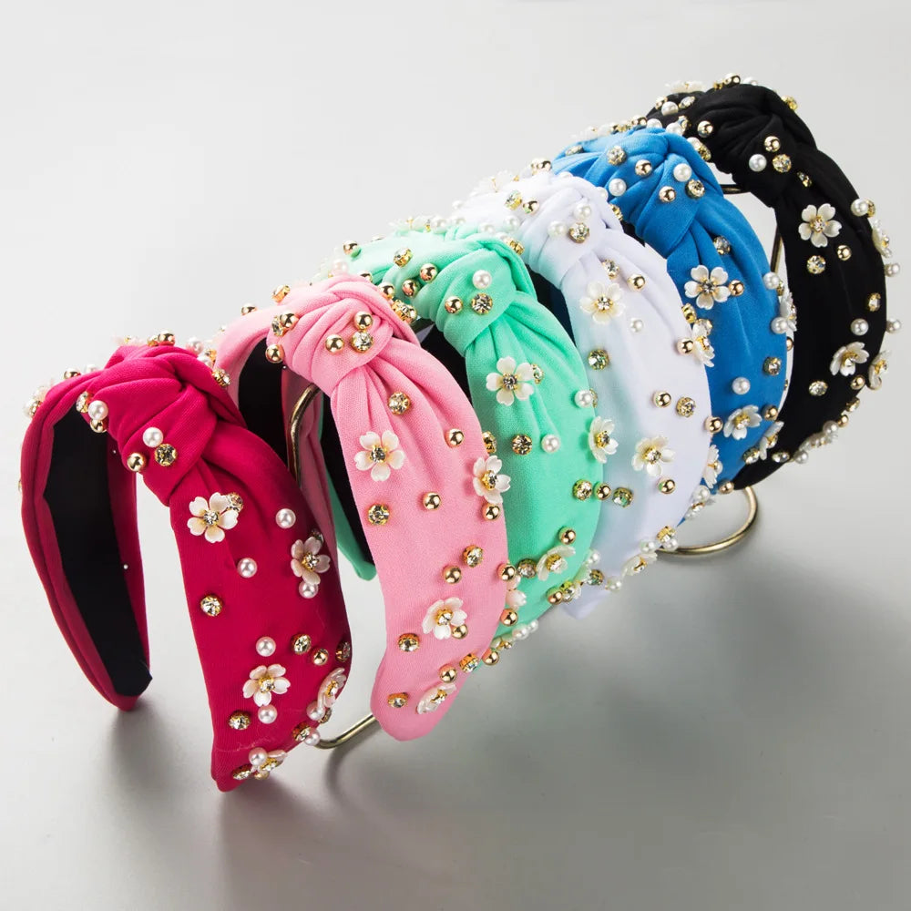 New Fashion Floral Headband with Rhinestone for Women Solid Color Fabric Knot Hair Band Inlaid Pearl Beaded Headband Wholesale