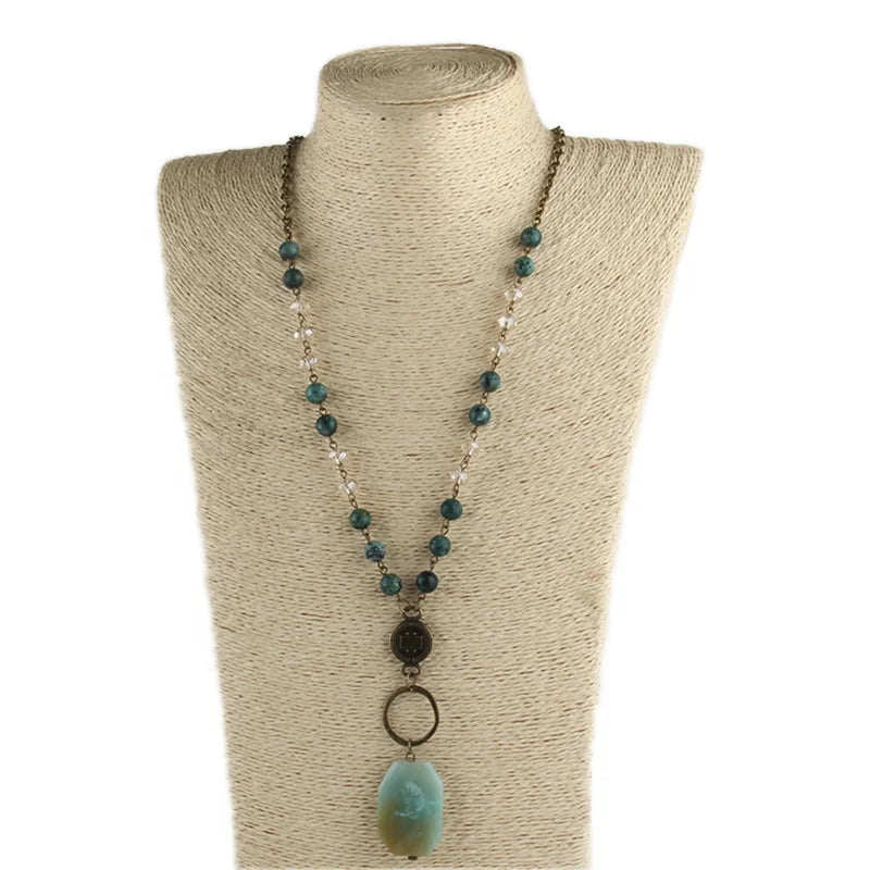 8MM Natural Stone Crystal Glass Rosary Chain Toggle Clasp Crazy Agate Necklace Metal Circle Square Stone Pendant Necklace
