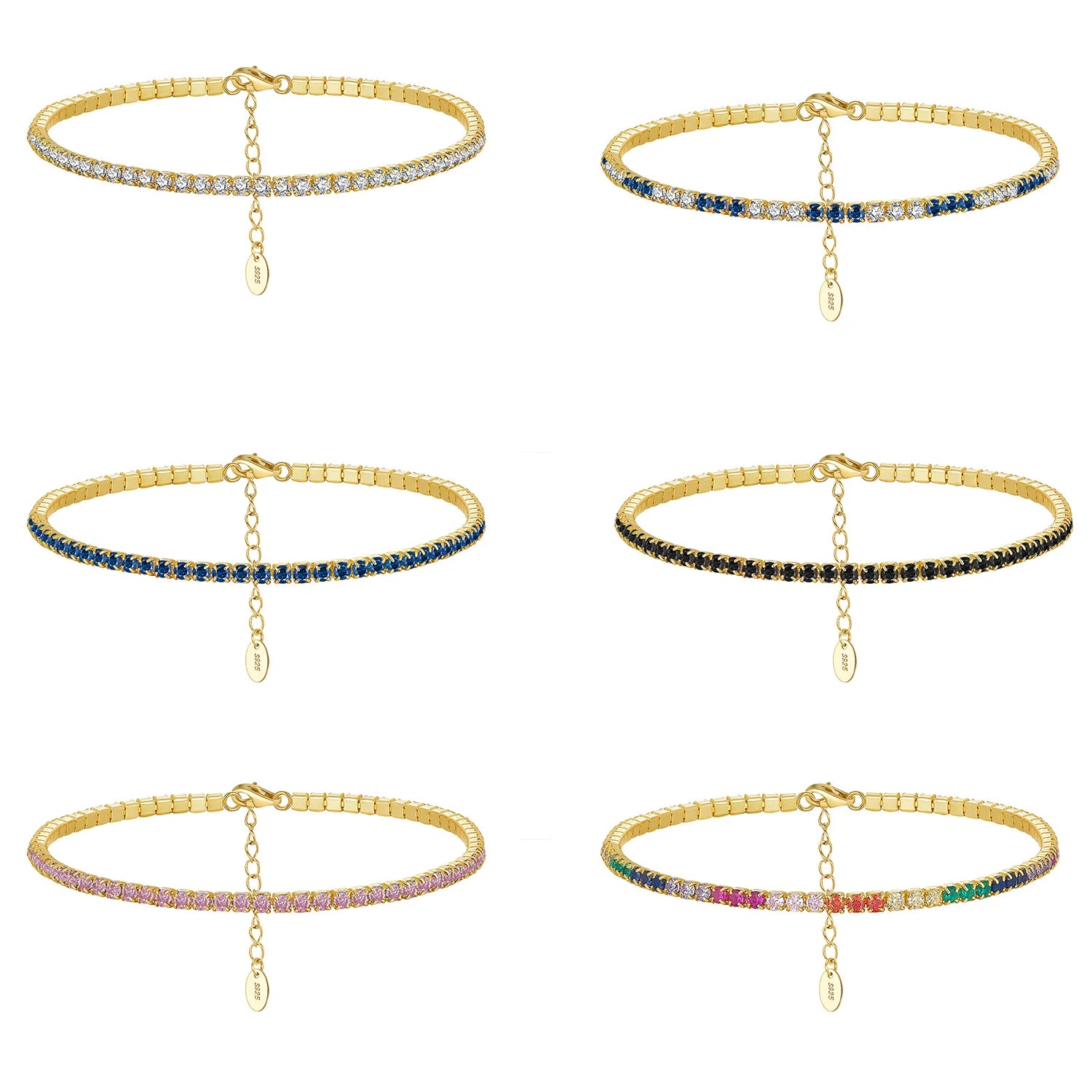 2.0mm Cubic Zirconia CZ Adjustable 14K Gold Plated Bracelets Fine Jewelry 925 Sterling Silver Tennis Bracelet for Women