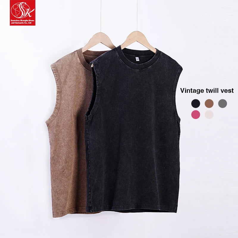 Custom Men's Vests Streetwear Top Heavyweight 230 Gsm Blank Oversized Acid Washed Vintage T Shirt Sleeveless T-shirt Tank Tops