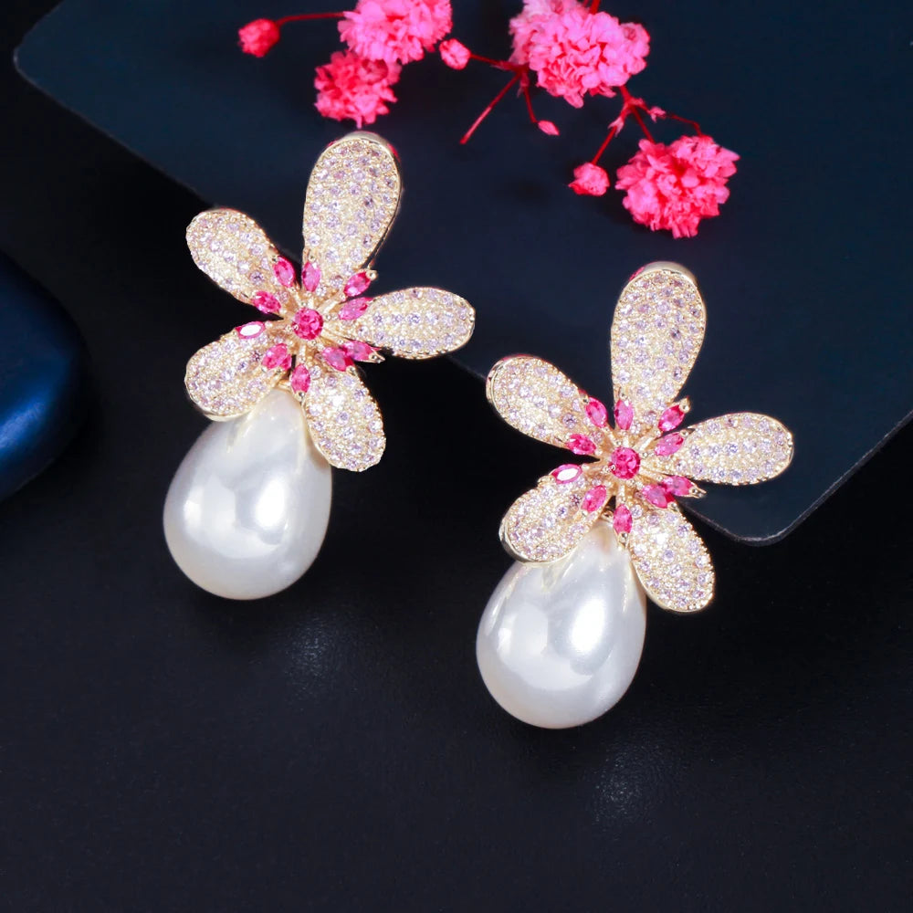 Geometric Red Cubic Zirconia Flower Big Dangle Drop Pearl Earrings for Women Luxury Fashion Engagement Wedding Jewelry MegaBDM
