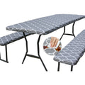 Rectangular Fitted Gray Camping Picnic Waterproof Tablecloth for Folding Table Benches 3pcs Set