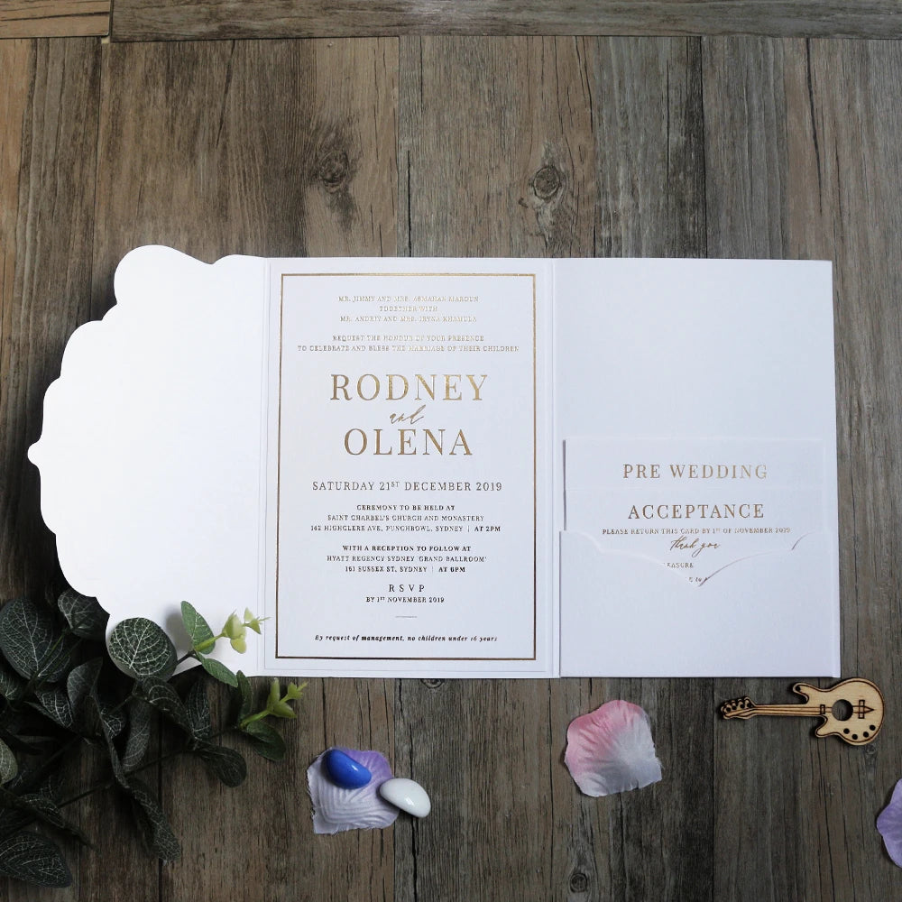 Unique Texture Cardstock Wedding Invitation Die Cut Envelope Mariage Invite Cards Models with Gold and Black Letters
