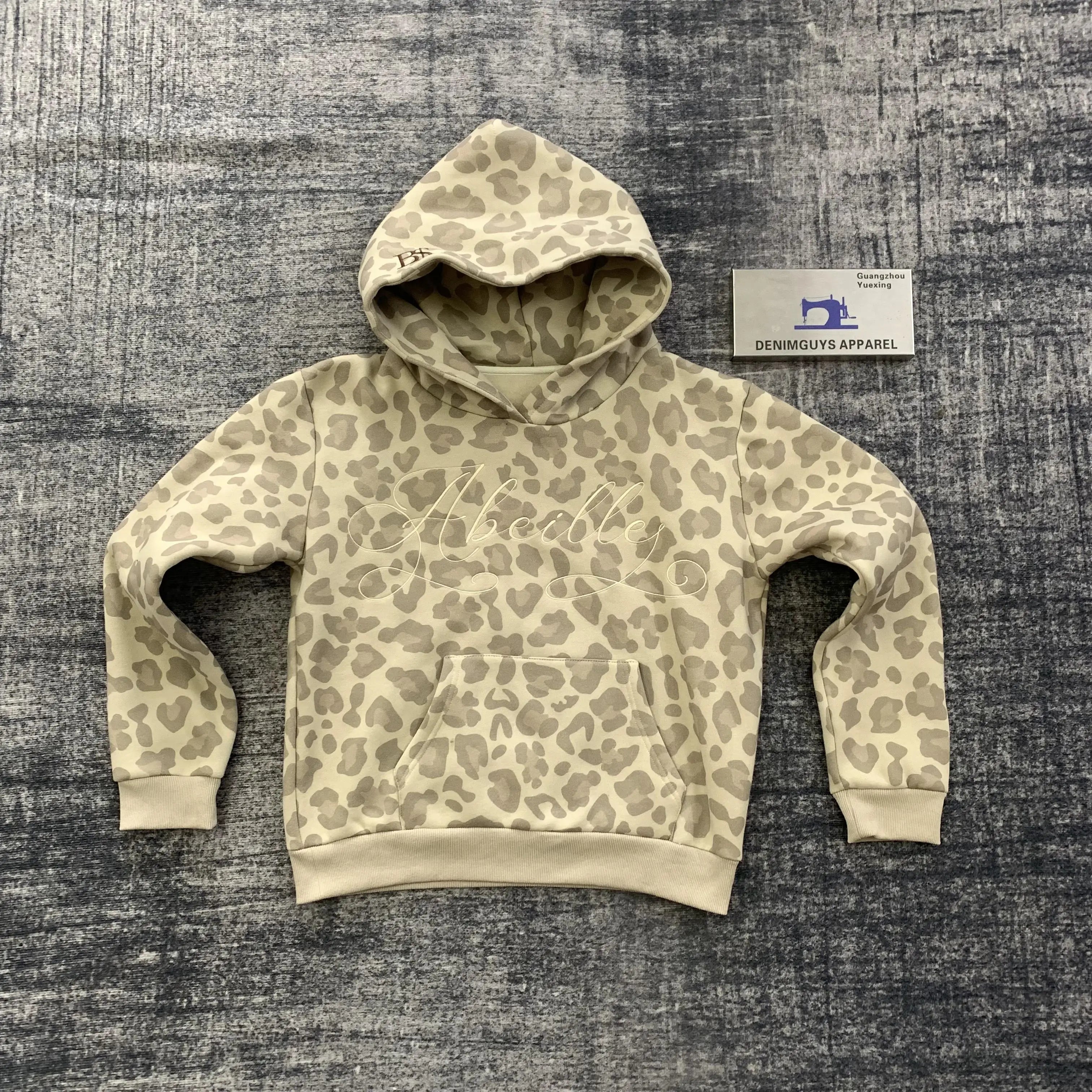 DENIMGUYS Custom Fashion Men's 100% Cotton Leopard Pattern Embroidery Hoodie Oversized Rhinestone  Pullover Hoodies for Men