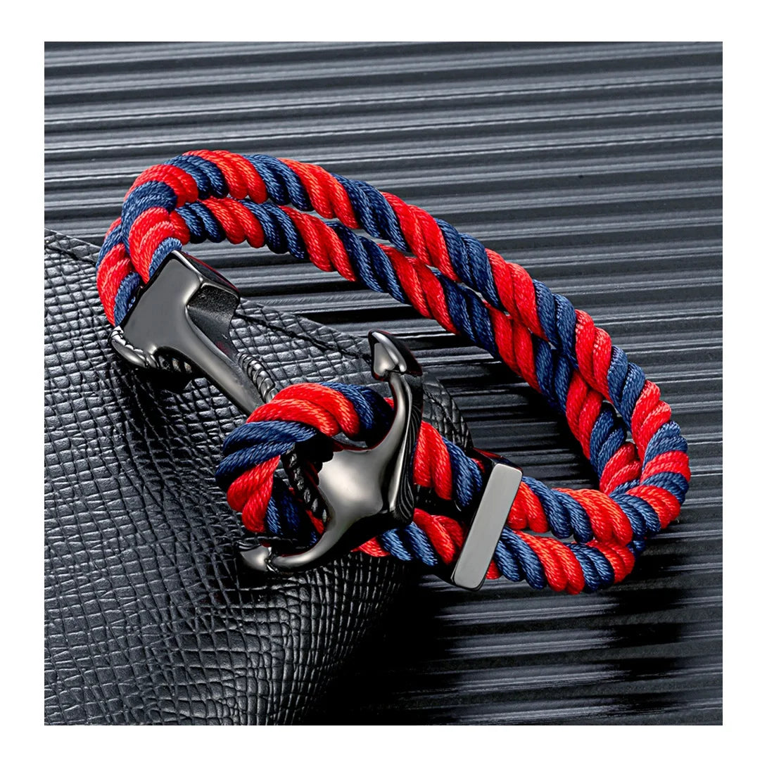 Fashion Double Layer Nylon Rope Braided Bracelet Navy Viking Black Stainless Steel Anchor Bracelets for Men Jewelry Bangle