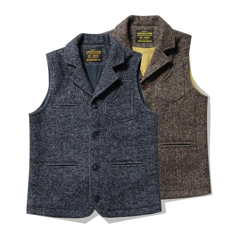 Vintage Winter Warm Vest Coat Turndown Collar Woolen Vest Wool Suit Vest for Gentle Men