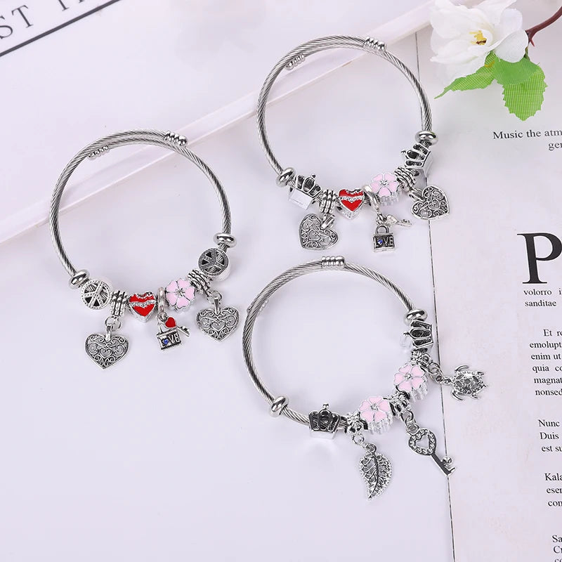 Stainless Steel Chain Silver Plated Bead Leaf Heart Key Pendant Women Lady Top Quality Charm Bangle Bracelets