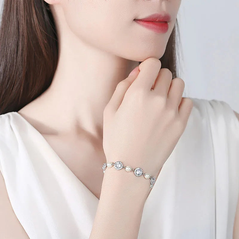 SLBRIDAL Sparkling Trendy Fashion Cubic Zircon Bracelet Girls CZ Pearls Bracelet Gift Wedding Bridal Bridesmaids Women Jewelry