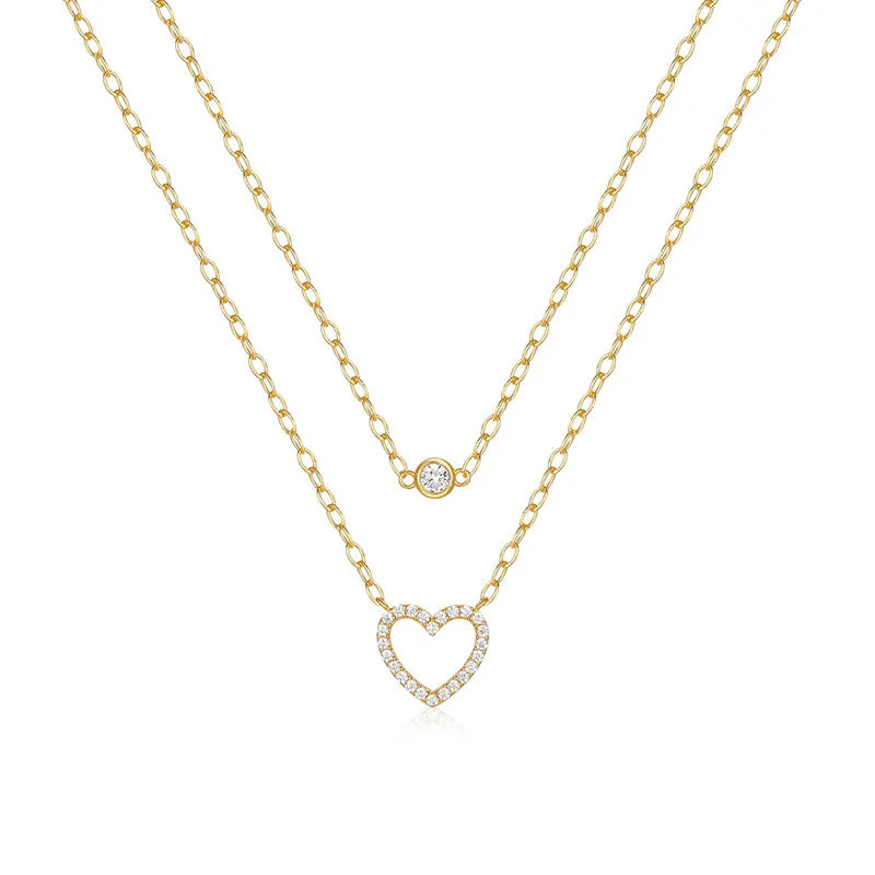 Link Chain Necklace 925 Sterling Silver Double Layer Hollow Heart Zircon Choker Necklaces for Girl Gifts
