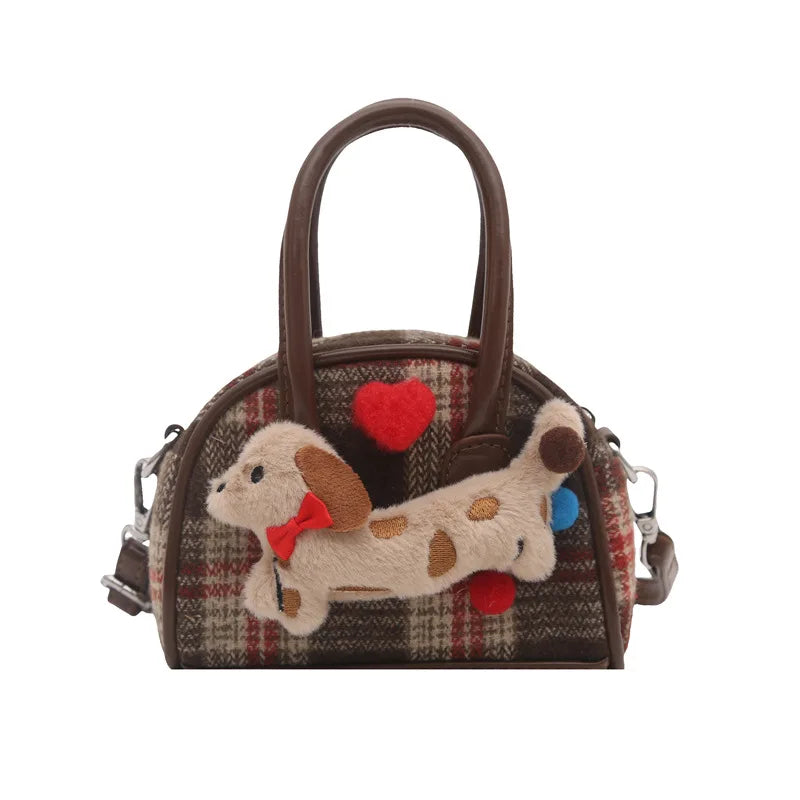 Plaid Pattern Mini Handbag with Puppy Decor - Small Crossbody Purse for Women /Children