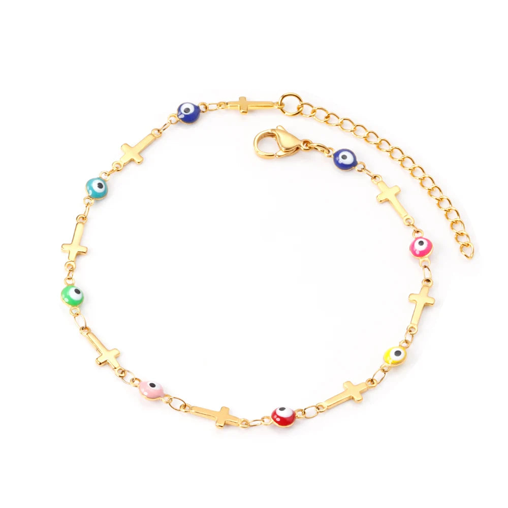 New Simple Fashion 18K Gold Plated Stainless Steel Jewelry Women Creative Eye Cross Charm Anklets Adjustable Size Chain Anklets