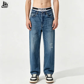 Custom Straight Leg Vintage Washed Denim Pants Men 100% Cotton Jeans for Men