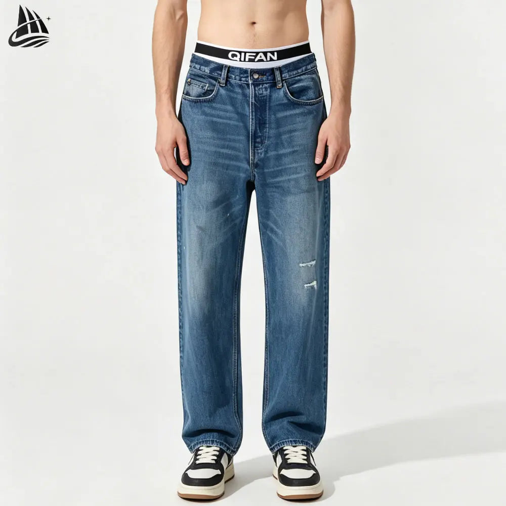 Custom Straight Leg Vintage Washed Denim Pants Men 100% Cotton Jeans for Men