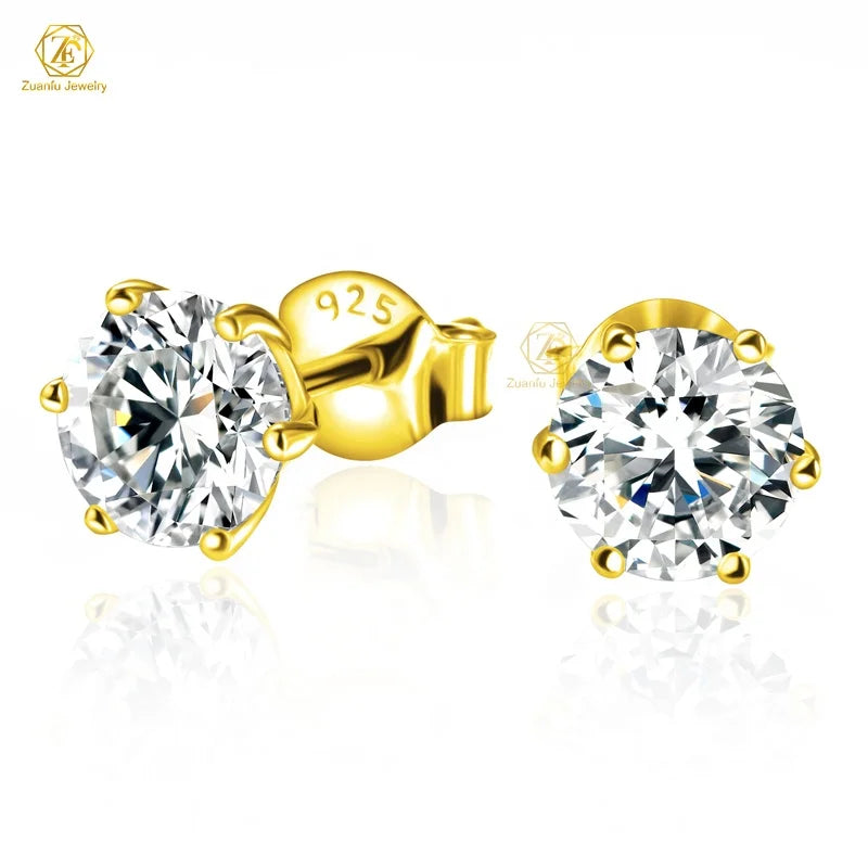 2025 Christmas Women Men Gift 925 Silver Yellow Gold Plated Big 1CT 6.5MM D VVS GRA Moissanite Stud Earrings