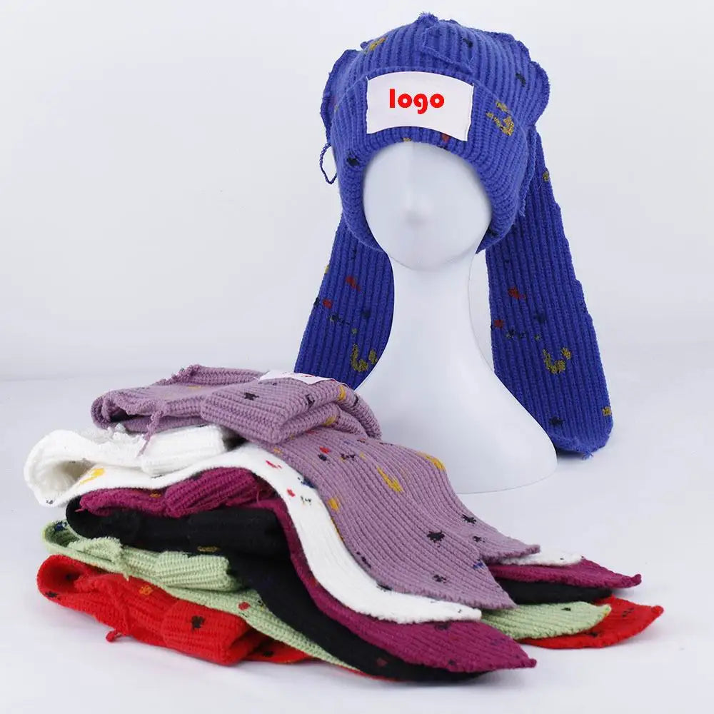 Custom Woven logo Printed Graffiti Bunny Beanie Hat Korea Long Ear Knitted Party Hat With Long Ears