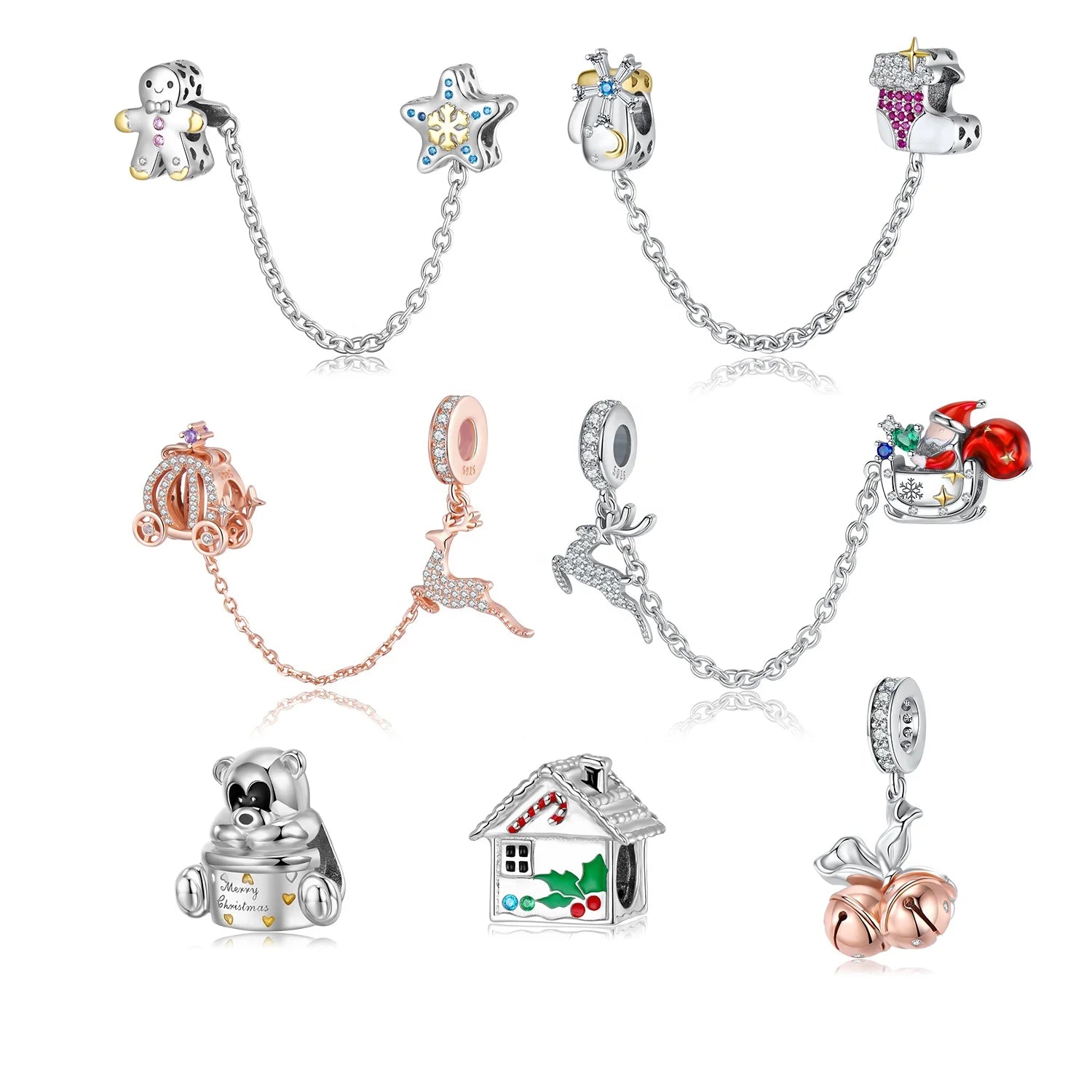 Christmas Bear Candy House Bell 925 Silver Charm Jewelry Bracelet  Pendant with clear CZ Pumpkin Car Safety Chain Bead for Women