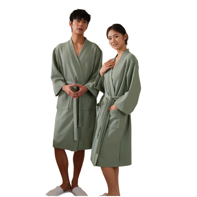 Green Waffle Bathrobe Dressing Gown for Women and Men Soft Lightweight Polyester Kimono Style All Seasons for Hotel Home Salon
