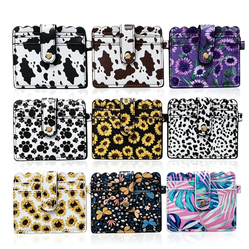 Wholesale PU Leather Keychain Wristlet Wallet Solid Color Cow Print ID Card Holder Purse