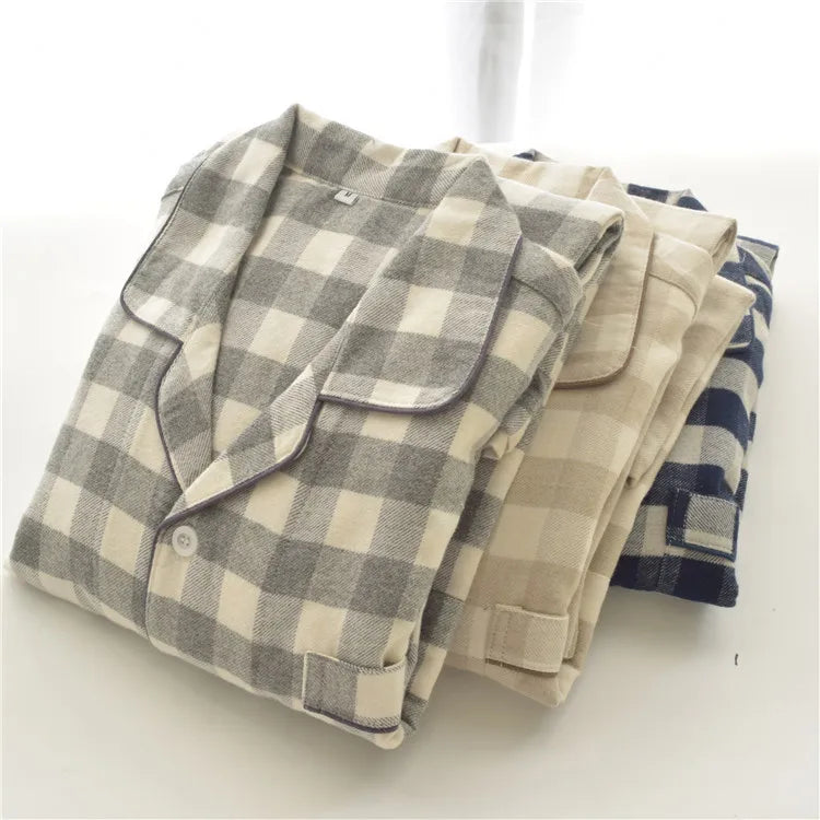 New Autumn Cotton Velvet Soft Plaid Checker Long Sleeved Couples Set Casual Home Wear Pajamas